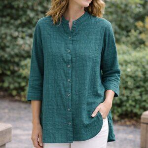 Eileen Fisher Linen Cotton Mandarin Collar Top Pacifica Green